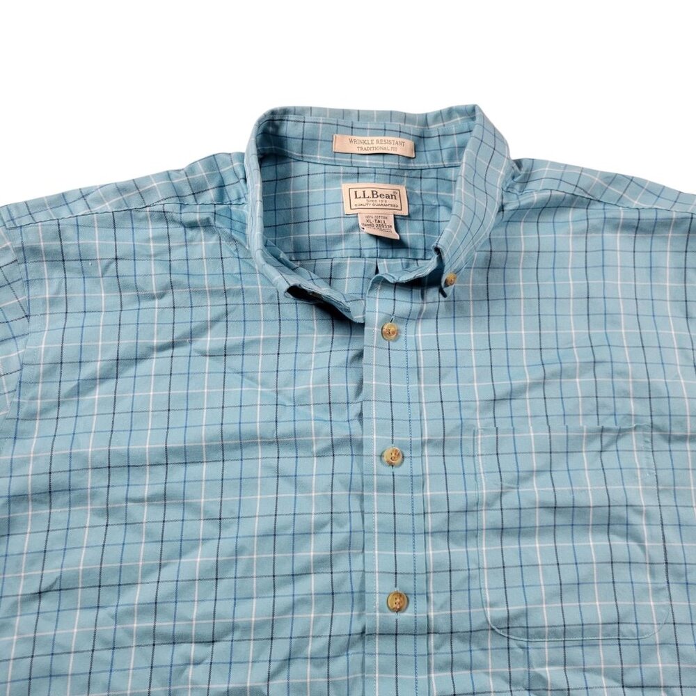 LL Bean Shirt Mens XLT Blue Plaid Button Up Short Sleeve Check Long Sleeve